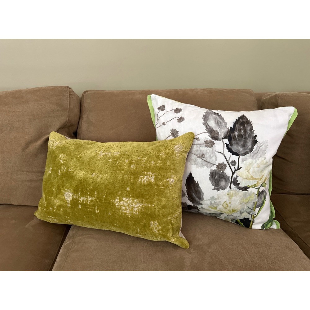 Designers Guild Floral Linen & Chartreuse Velvet Lumbar Decorative Pillow Set